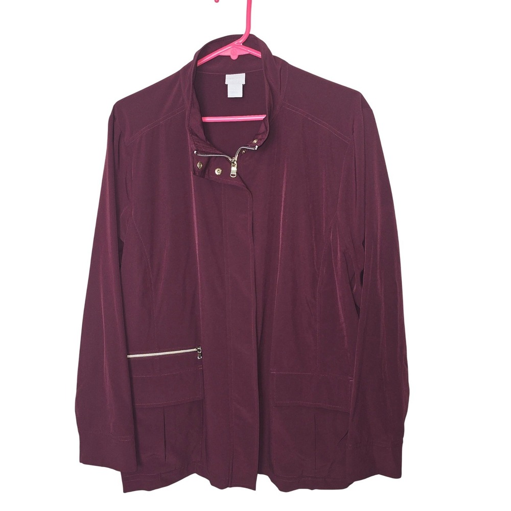 Chicos Zenergy Burgundy Full Zip Mock Neck Jacket Gold Hardware Womens Size 4 XL